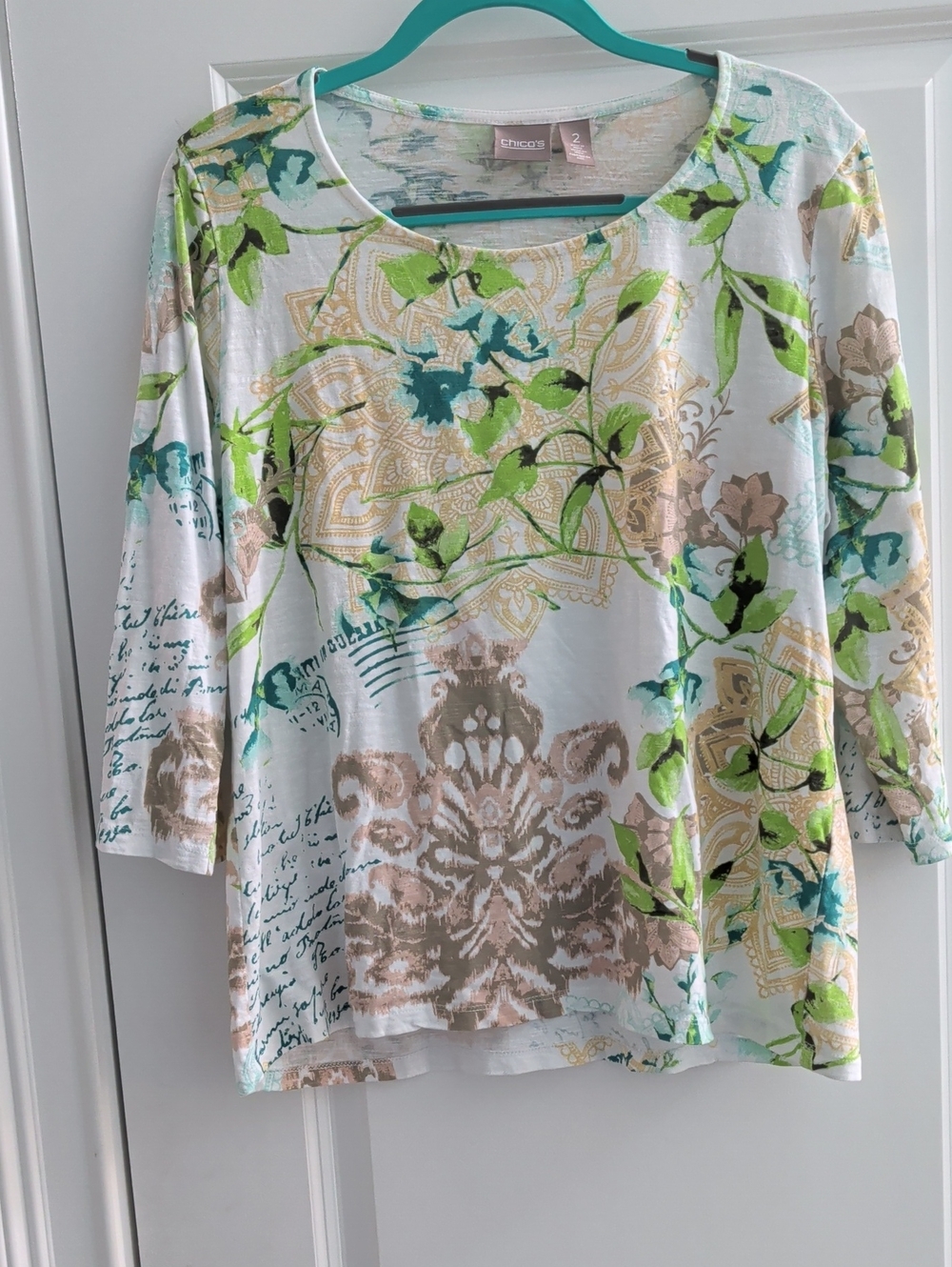 Chico's White Long-Sleeve Tee with Green, Teal & Tan Floral Print